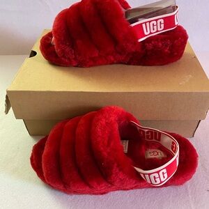 UGG Red Plush Slippers with Slingback Strap
